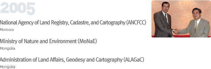2005 National Agency of Land Registry, Cadastre, and Cartography (ANCFCC)-Morocco Ministry of Nature and Environment (MoNaE)-Mongolia Administration of Land Affairs, Geodesy and Cartography (ALAGaC)-Mongolia